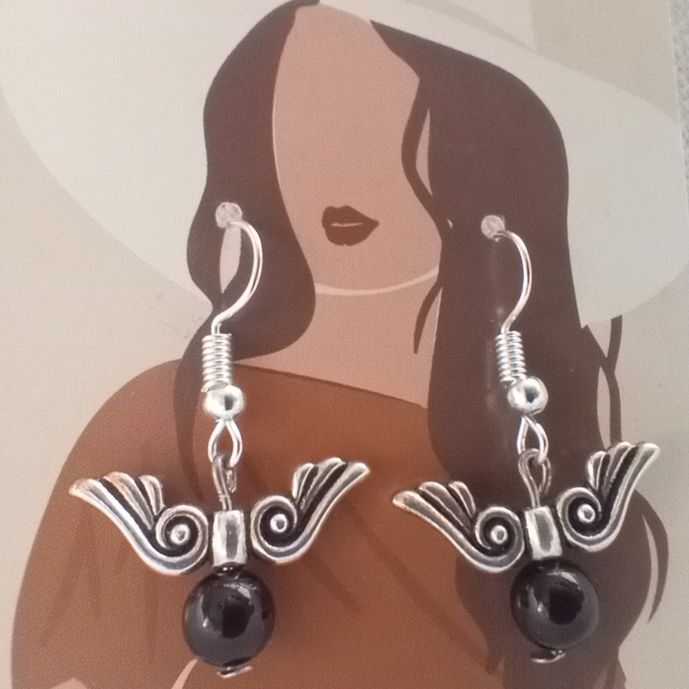Silver Wings with Black Onyx Bead Dangle Earrings